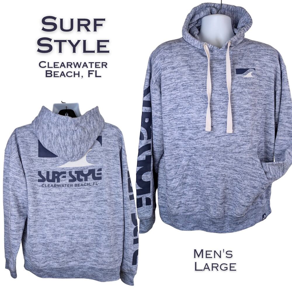 Surf Style Hoodie Mens Large Gray Blue Wave Graphic Clearwater Beach Fleece
